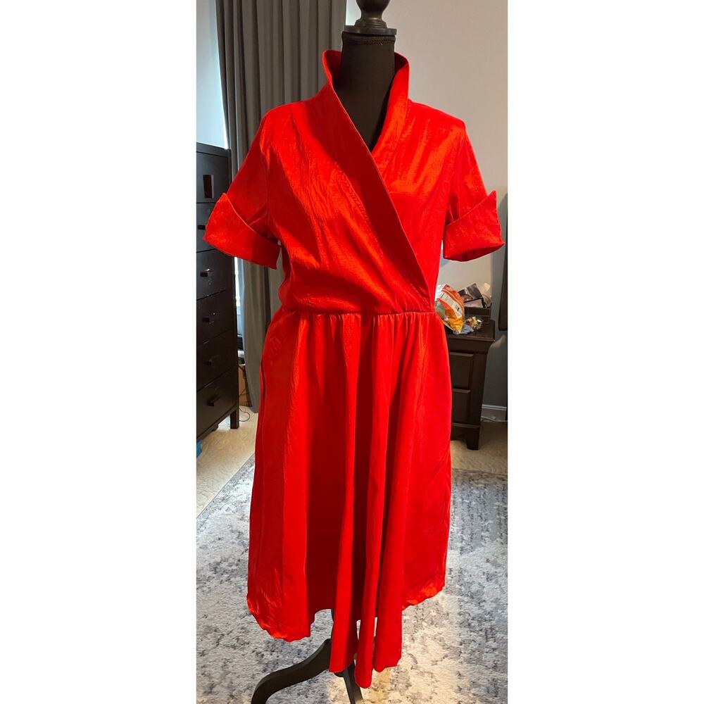 Lindy Bop Red 100% Silk 50s Vintage Style Midi Dress Pockets Size 14 - Picture 3 of 5